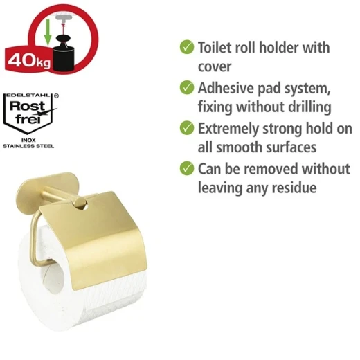 Wenko Orea Turbo-Loc Toilet Paper Holder with Cover - Stainless Steel - Gold Matt (No Drilling) - Wenko - Image 6