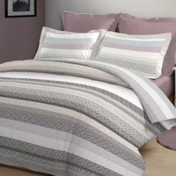 Nova Home Pinstripes Printed Cotton Flannel Duvet Cover Set - King & Super King - 4 Pcs - Rose