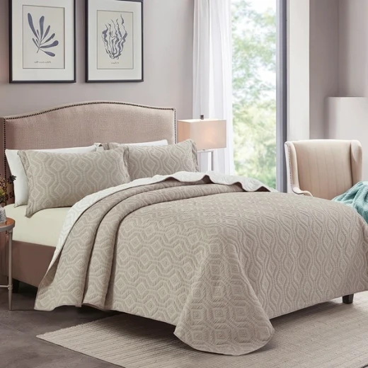 Nova Home Prismo Poly Cotton Jaquard Reversible Bed Spread Set - 3Pcs - King & Super King - Brown - Nova Home - Image 2