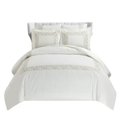 Nova Paisley Embroidery Duvet Cover Set - 100% Cotton, 200 Thread  - 6 Pcs - King & Super King - White & Gold