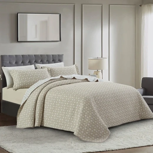 Nova Home Rosetex Poly Cotton Jaquard Reversible Bed Spread Set - 3Pcs - King & Super King - Beige - Nova Home - Image 2