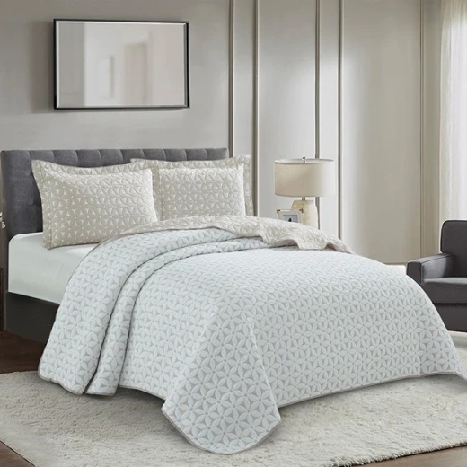 Nova Home Rosetex Poly Cotton Jaquard Reversible Bed Spread Set - 3Pcs - King & Super King - Beige - Nova Home - Image 3