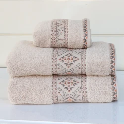 Nova Home Auric Jacquard Embroidered Towel - 100% Cotton - 50x90 Cm - Beige