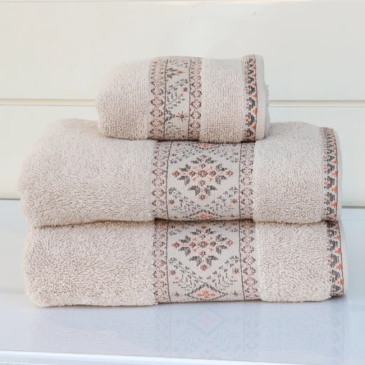 Nova Home Auric Jacquard Embroidered Towel - 100% Cotton - 50x90 Cm - Beige
