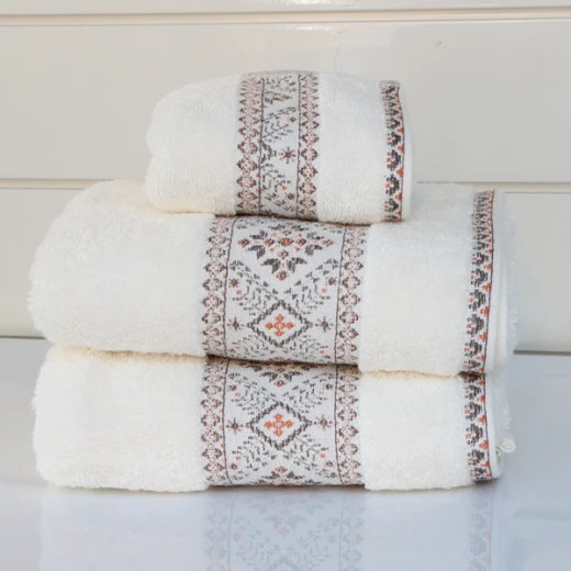 Nova Home Auric Jacquard Embroidered Towel - 100% Cotton - 50x90 Cm - Cream
