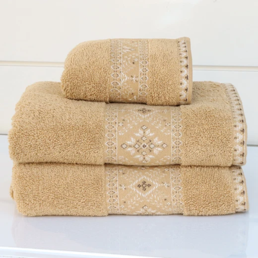 Nova Home Auric Jacquard Embroidered Towel - 100% Cotton - 30x50 Cm - Mustard