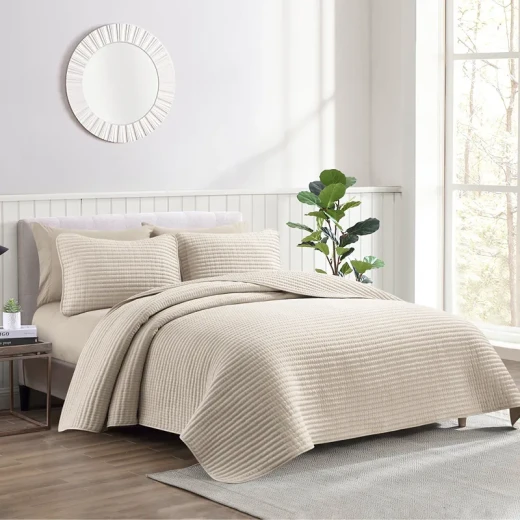Nova Home Aurelia Pre Washed Summer Bed Spread Set - Twin - 4 Pcs - Beige