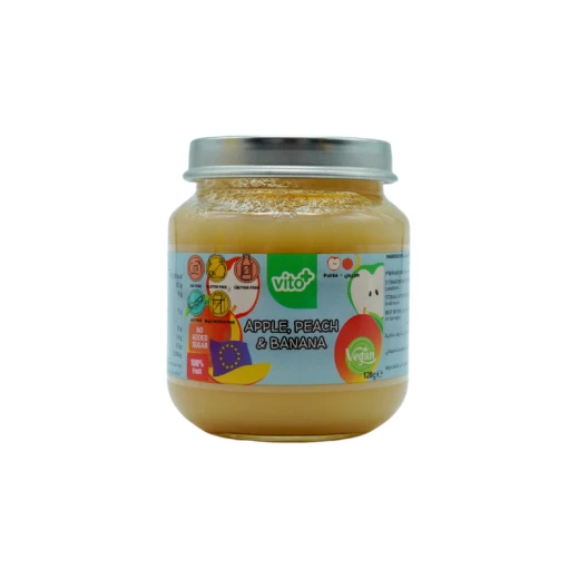 VITO+ – 120g Natural Fruit Puree with Apple, Peach & Banana, Suitable for Babies 6+ Months, No Added Sugar or Preservatives VITO+ – 120g Natural Fruit Puree with Apple, Peach & Banana, Suitable for Babies 6+ Months, No Added Sugar or Preservatives
