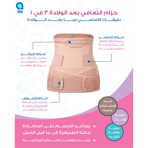 حزام ما بعد الولادة 3 في 1 – مشد بطن وخصر وحوض للنفاس – دعم واستعادة شكل الجسم بعد الحمل – قابل للتعديل ومريح – مقاسات متعددة- اي بيبي - إي بيبي - Image 2