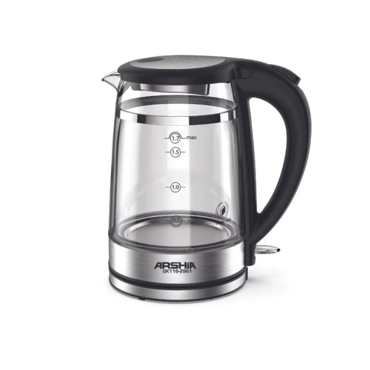 Arshia Glass Electric Kettle – 1.7L Capacity – 2200W Power – High Heat-Resistant Glass – Auto Shut-Off – 360° Rotating Base – Blue LED Light – Elegant Design Arshia Glass Electric Kettle – 1.7L Capacity – 2200W Power – High Heat-Resistant Glass – Auto Shut-Off – 360° Rotating Base – Blue LED Light – Elegant Design