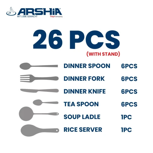 ارشيا طقم أدوات مائدة 26 قطعة من الستانلس ستيل الفضي اللامع مع حامل معدني ثابت – تصميم مرآوي عالي اللمعان، خامات مقاومة للصدأ، مقابض مريحة، تنظيم أنيق، مثالي للطاولات العصرية والكلاسيكية - ارشيا - Image 2