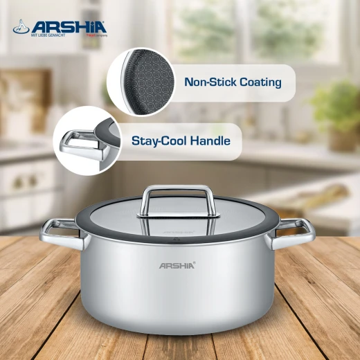 arshia 9-piece stainless steel 18/10 cookware set with metal lids – high-durability design, even heat distribution, fixed handles, reliable performance for everyday versatile cooking - Arshia - Image 2