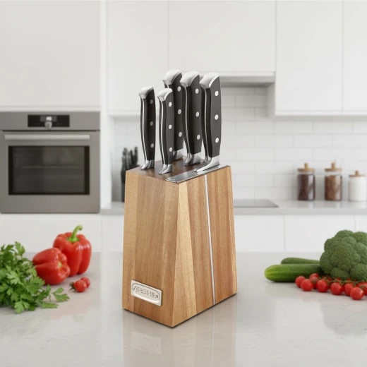 arshia 6-piece stainless steel knife set with classic wooden block – razor-sharp blades, ergonomic handles, safe and elegant storage, perfect for precise daily food prep - Arshia - Image 3