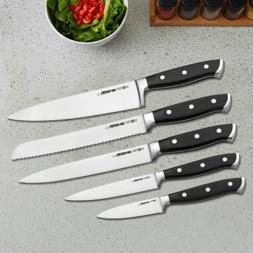 arshia 6-piece stainless steel knife set with classic wooden block – razor-sharp blades, ergonomic handles, safe and elegant storage, perfect for precise daily food prep - Arshia - Image 4