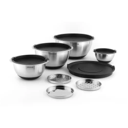 Arshia 12-Piece Stainless Steel Mixing Bowl Set with Grater | Multi-Size Nesting Bowls | Non-Slip Silicone Base | Secure Lids + Grater Lid Attachment | Main Benefit: Efficient Food Preparation, Mixing, and Storage