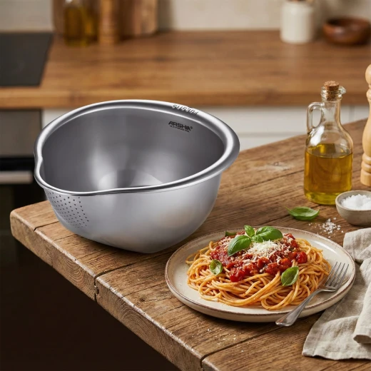 Arshia Deep Stainless Steel Strainer Bowl with Fine Drainage Holes, Polished Edges, and Stable Base for Efficient Rinsing and Straining of Rice, Pasta, Vegetables, and More - Arshia - Image 4