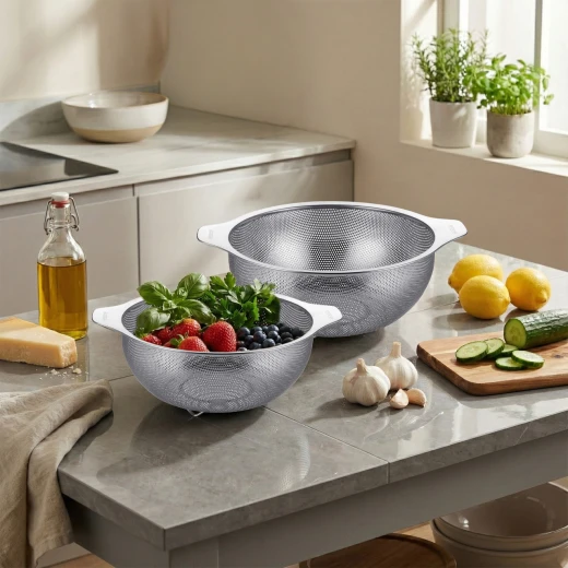 Arshia 2-Piece Stainless Steel Colander Set with Fine Drainage Holes, Sturdy Base, and Side Handles for Efficient Draining of Pasta, Vegetables, Fruits, and More - Arshia - Image 2