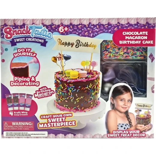 Snack Tastic Chocolate Macaron Birthday Cake toy, creative set to build colorful cake designs, enhances creativity and motor skills, suitable for ages 5+