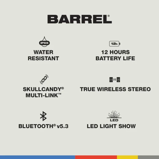 Skullcandy Barrel Bluetooth Speaker, Primer, Portable, Powerful Sound, Deep Bass, Compact Barrel Design, Long Battery Life for Home & Travel - Skullcandy - Image 4
