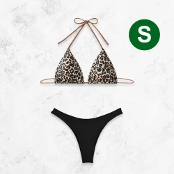 Leopard pattern bikini top halter neck triangle and a black bikini bottom - Size S