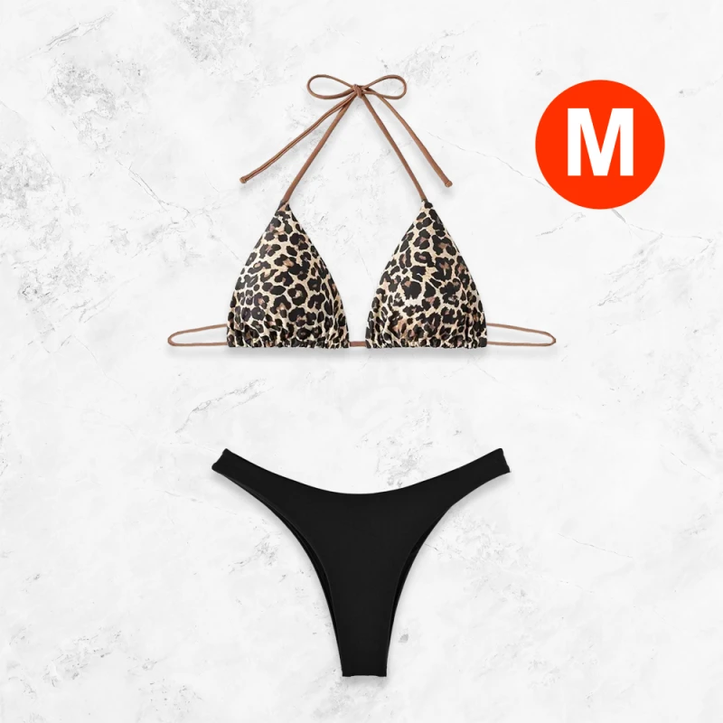 Leopard pattern bikini top halter neck triangle and a black bikini bottom - Size M