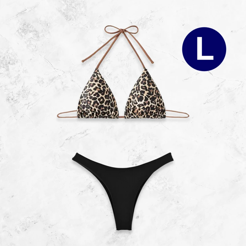 Leopard pattern bikini top halter neck triangle and a black bikini bottom - Size L