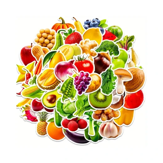 50 different illustrated fruit and vegetables waterproof stickers - Image 2