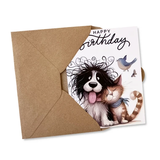 Birthday Card with cute funny cat & dog illustration and a craft paper envelop – Style2 - Image 2