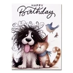 Birthday Card with cute funny cat & dog illustration and a craft paper envelop – Style2