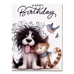 Birthday Card with cute funny cat & dog illustration and a craft paper envelop – Style2