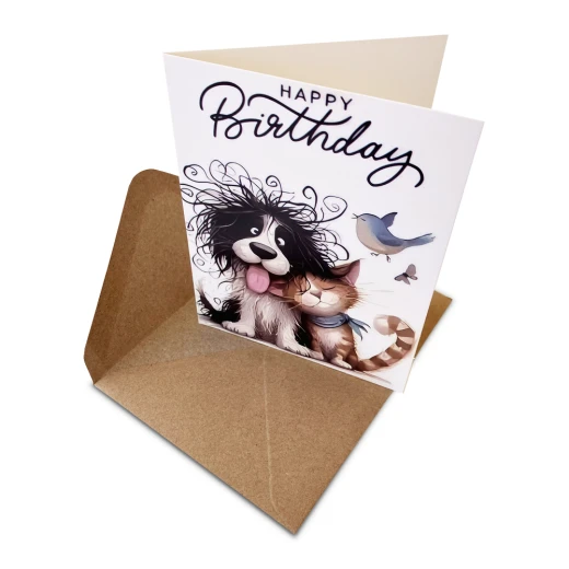 Birthday Card with cute funny cat & dog illustration and a craft paper envelop – Style2 - Image 3