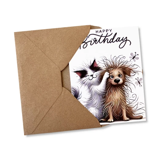 Birthday Card with cute funny cat & dog illustration and a craft paper envelop – Style 4 - Image 2