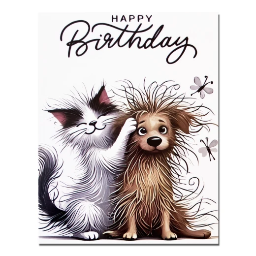 Birthday Card with cute funny cat & dog illustration and a craft paper envelop – Style 4 Birthday Card with cute funny cat & dog illustration and a craft paper envelop – Style 4