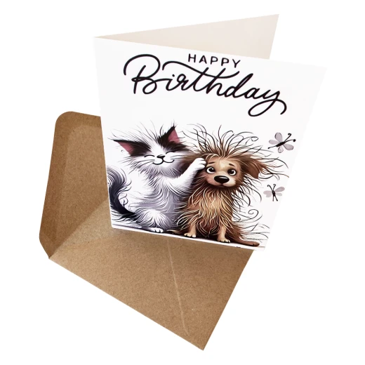 Birthday Card with cute funny cat & dog illustration and a craft paper envelop – Style 4 - Image 3