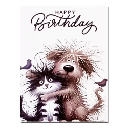 Birthday Card with cute funny cat & dog illustration and a craft paper envelop – Style 5