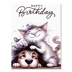 Birthday Card with cute funny cat & dog illustration and a craft paper envelop – Style 6
