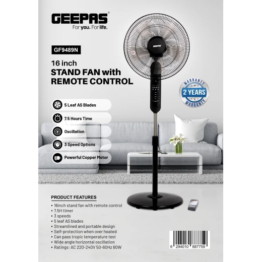 Geepas stand fan with remote control black - GEEPAS - Image 3