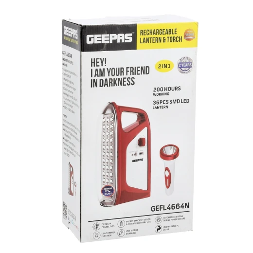 Geepas GEFL4664N 2-in-1 Rechargeable Lantern and Torch – 36 SMD LED Lantern, 3W Hi-Power Torch, Solar & USB Charging, Energy Efficient, Red & White - GEEPAS - Image 3