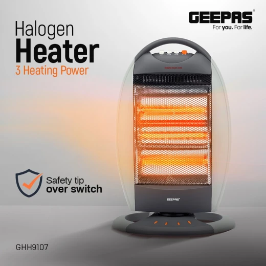 Geepas GHH9107 Halogen Heater – 1200W / 800W / 400W Power Settings, Safety Tip-Over Switch, Auto-Rolling Function, Grey - GEEPAS - Image 2
