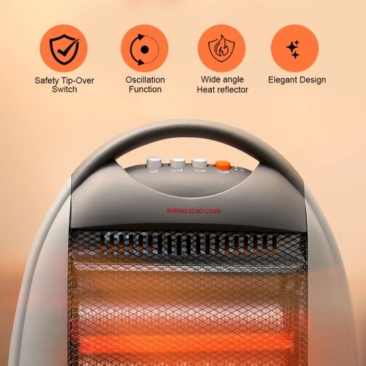 Geepas GHH9107 Halogen Heater – 1200W / 800W / 400W Power Settings, Safety Tip-Over Switch, Auto-Rolling Function, Grey - GEEPAS - Image 3