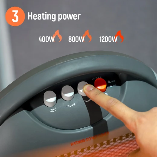 Geepas GHH9107 Halogen Heater – 1200W / 800W / 400W Power Settings, Safety Tip-Over Switch, Auto-Rolling Function, Grey - GEEPAS - Image 5