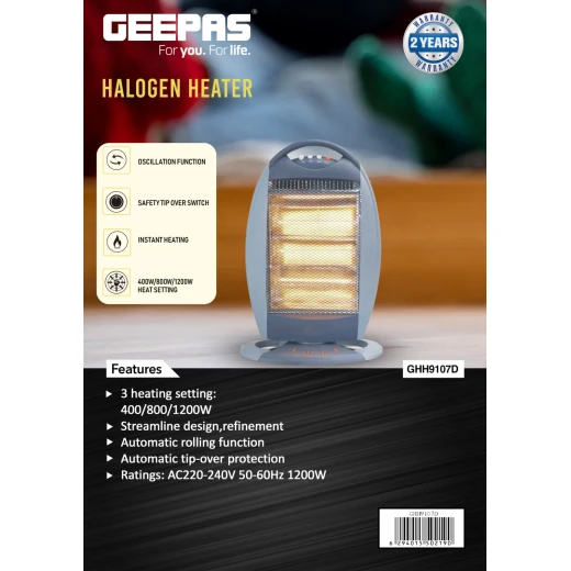 Geepas GHH9107 Halogen Heater – 1200W / 800W / 400W Power Settings, Safety Tip-Over Switch, Auto-Rolling Function, Grey - GEEPAS - Image 7