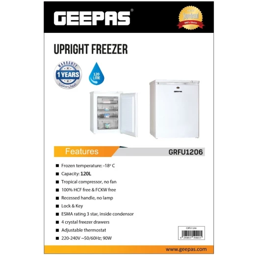Geepas GRFU1206 120L Upright Freezer with 4 Crystal Drawers - GEEPAS - Image 3