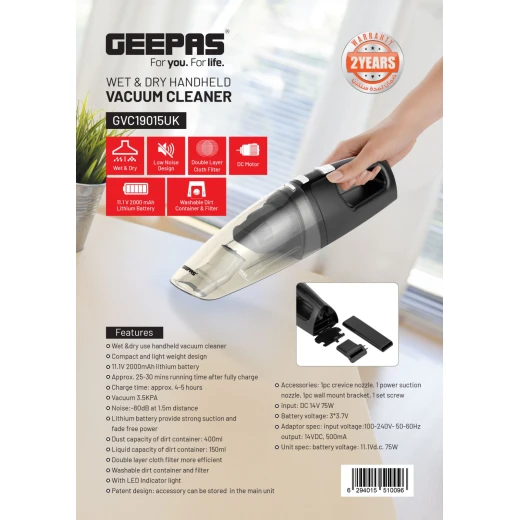 Geepas GVC19015UK Wet and Dry Handheld Vacuum Cleaner – Double Layer Cloth Filter, 400ml Dust & 150ml Liquid Capacity, 25–30 Minutes Runtime, Powerful Suction, Black - GEEPAS - Image 5
