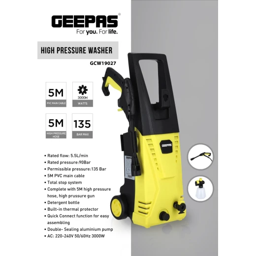 Geepas High Pressure Washer – 3000W, 135 Bar Powerful Electric Water Jet for Car, Home, and Garden Cleaning (GCW19027) - GEEPAS - Image 4
