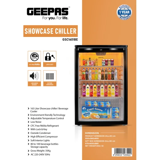 Geepas GSC1601BE 165L Showcase Chiller – CFC-Free R600a, Adjustable Thermostat, Lock & Key, Low Noise, Outside Condenser, Efficient Compressor, Glass Door, Black - GEEPAS - Image 2