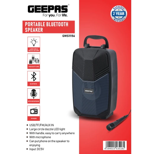 Geepas Portable Bluetooth Speaker GMS11156 – with Microphone, LED Light & USB/TF/FM/AUX Support - GEEPAS - Image 2