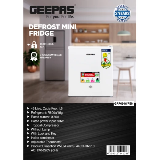 GEEPAS GRF654WPEN 60L Single Door Refrigerator - Compact, Powerful Compressor, Energy Saving, Fast Freezing, Adjustable Thermostat, 60L Capacityrate Chiller Compartment,  1 Year Warranty - GEEPAS - Image 3