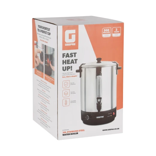 Geepas GK38064UK 30L Stainless Steel Water Boiler – 2500W, Adjustable Thermostat, Boil Dry Protection, Black & Silver - GEEPAS - Image 2