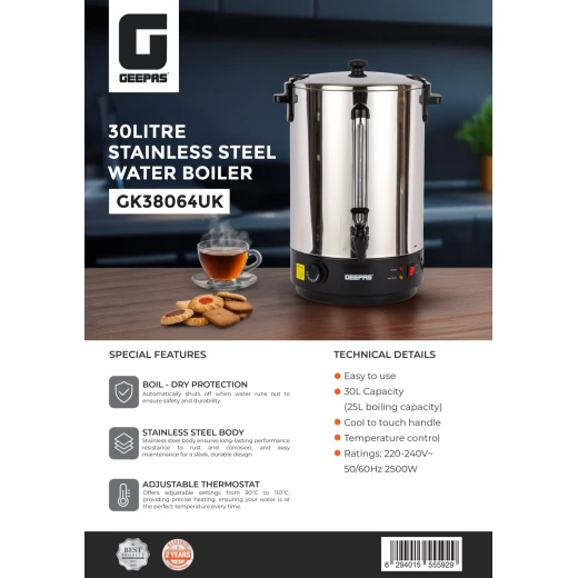 Geepas GK38064UK 30L Stainless Steel Water Boiler – 2500W, Adjustable Thermostat, Boil Dry Protection, Black & Silver - GEEPAS - Image 6